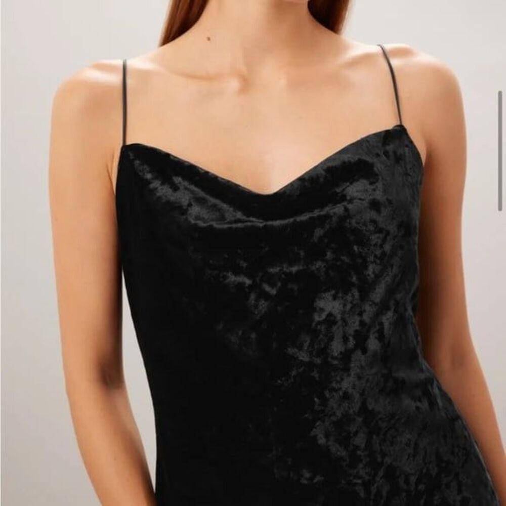 Obando Sz 4 Black Velvet Midi Dress Asymmetrical Skirt hem low back cowl neck